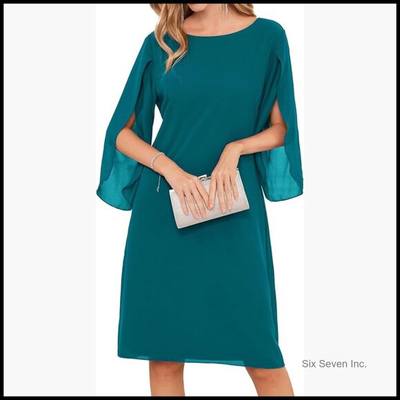 Dresses & Skirts - Chiffon Cocktail Dress with 3/4 Petal Sleeves and V-Back